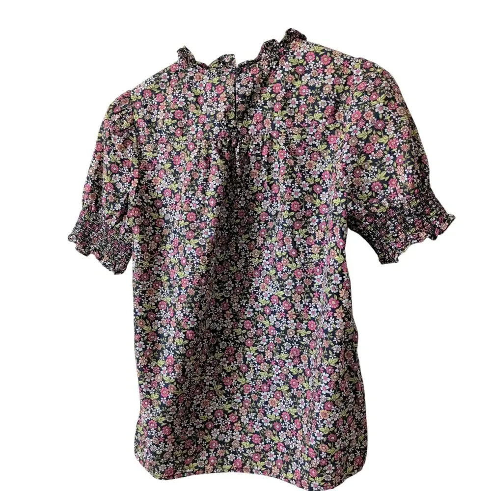 J.Crew Blouse XXS 2XS Floral Ruffle‎ Neck Smocked Puff Sleeve Cotton Poplin